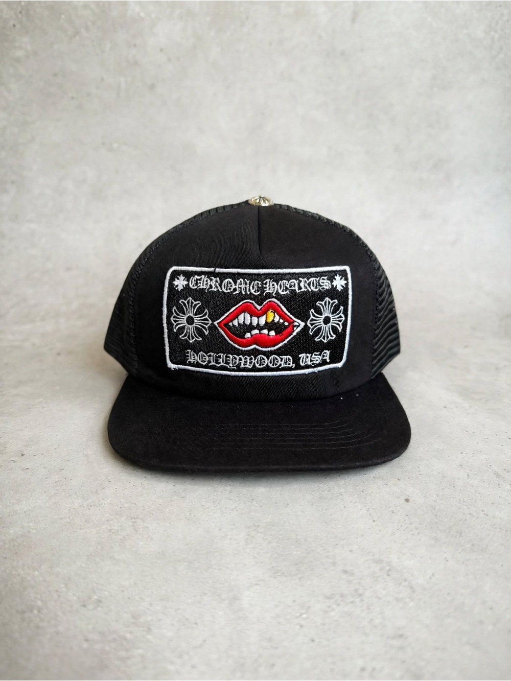 Chrome Hearts Black Trucker Hat with Red Lip Patch